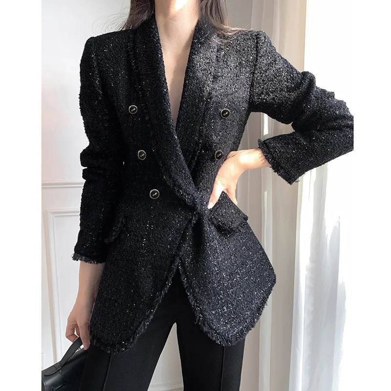 

Autumn Thick Blend Tweed Plaid Double-breasted Long Blazer for Women