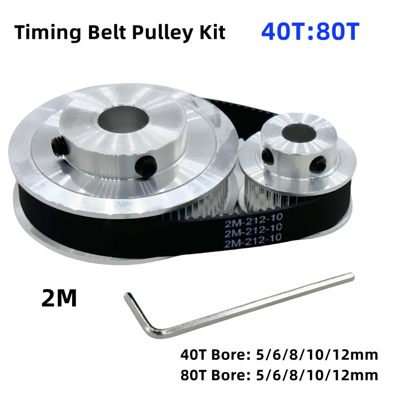 2GT 40T 80T Timing Belt Pulley Kits Ratio 1:2 Bore 5~12mm Wheel Set GT2 Belt Width 6/10mm 2M 40Teeth 80Teeth Pulley Set for CNC