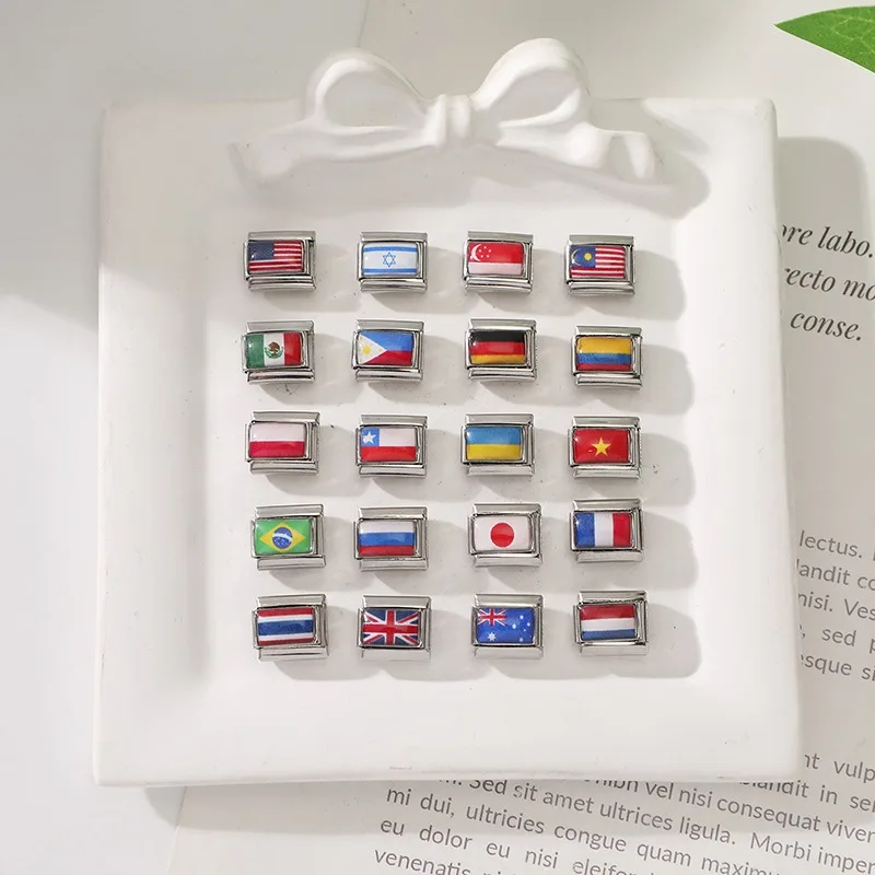 Wholesale 2025New Stianless Steel World National Flag Colorful Italian Charm Fit 9mm Bracelet Link Hand Chain DIY Making Jewelry image 5