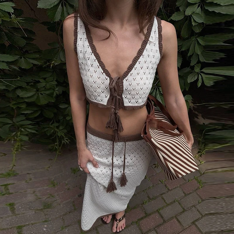 Sexy V-neck Lace-Up Sling Top & Skirt Outfits Women Elegant Crocheted Hollow Cover-Up Suit Casual Sleeveless Long Skirt 2Pc Sets