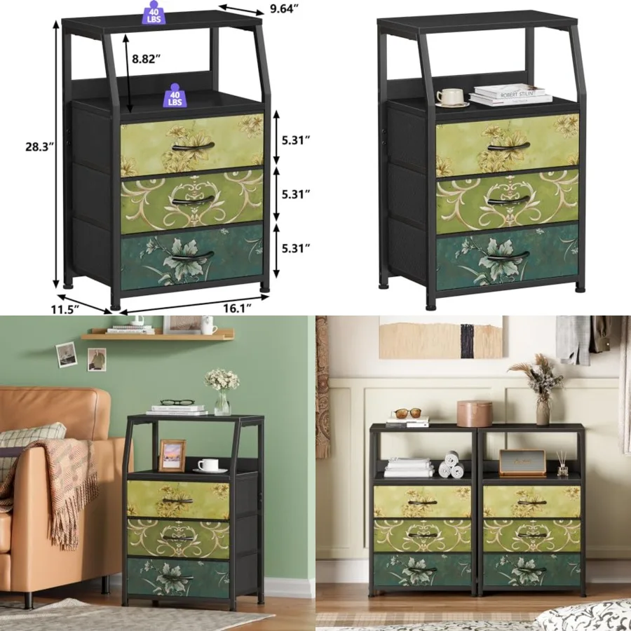 

Retro Night Stand with 3 Drawers and 2-Tier Shelf, Small Nightstand Side Table, Vintage Storage Dresser for Bedroom, Fabric Drawer Organizer for Closet, Beside Furniture