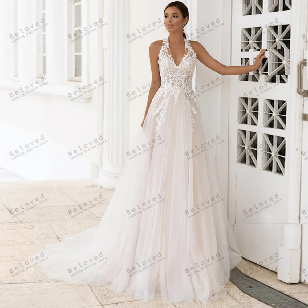 

Classic Wedding Dresses Vintage Bridal Gowns Lace Appliques Halter Neck A-Line Robes For Formal Party Gorgeous Vestidos De Novia