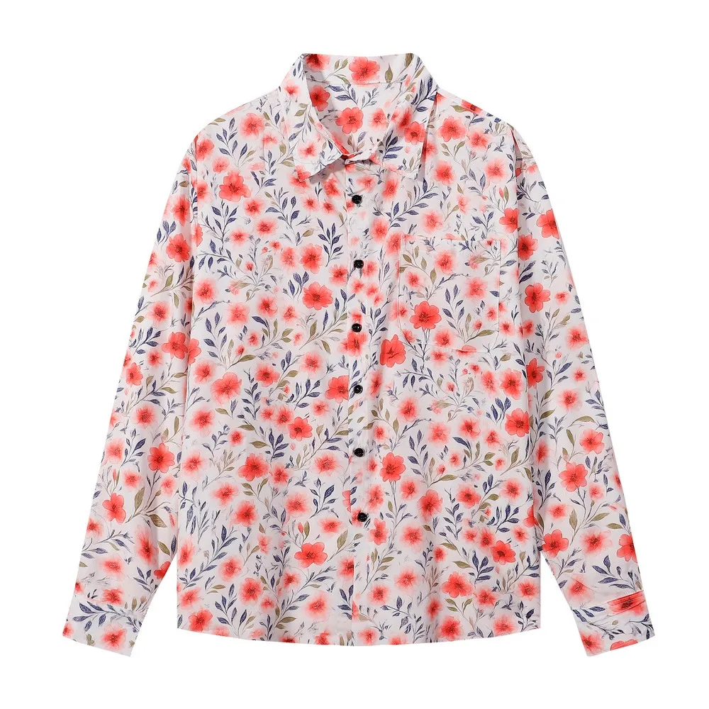 

Floral Graphic Color Block Grunge Long Sleeve Hawaiian Shirts Goth Men Women's Blouse Streetwear Aloha Button Top Winter Spring