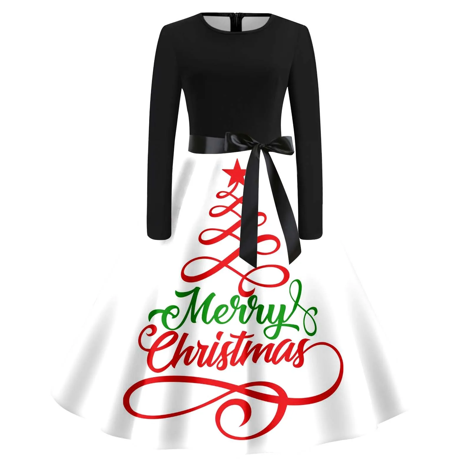 Women's Dress Round Neck Long Sleeve Xams Tree Printed Vintage Swing Dresses Christmas Cocktail Prom Party Dress Female Clothing