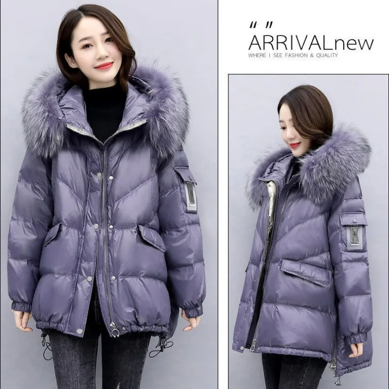 2023 New Down Cotton Jacket Women Mid-length Loose Quilted Jacket Big Fur Collar Winter Overcoat Hoodie