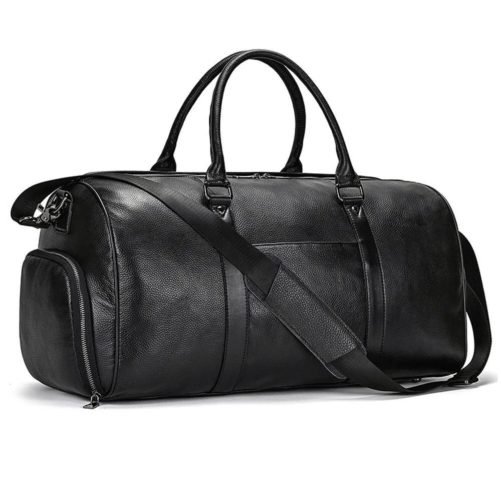 Bolso de viaje de piel auténtica para hombre, bolsa de viaje con asa, color negro, tamaño grande: 55x27x28cm