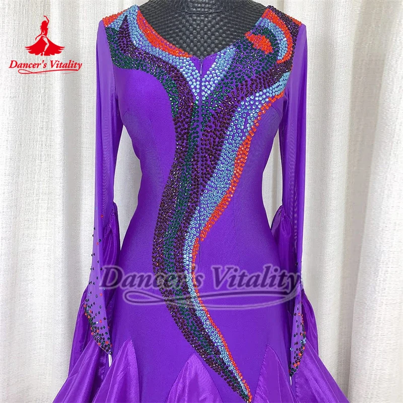 Adulto o novo estilo avançado pérola tecido de seda envolto-hip vestidos de dança de salão roxo tango valsa traje de concurso personalizado