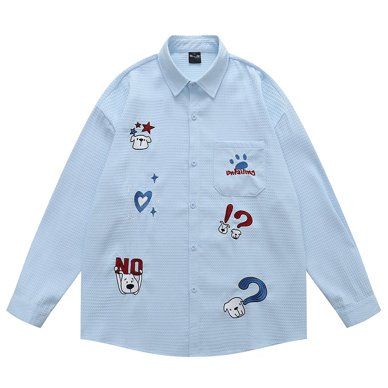 

Вафельная ткань, рубашка с вышивкой из мультфильма, мужская рубашка с длинным рукавом, повседневная свободная блузка на пуговицах, уличная одежда с рисунком собаки, топы, одежда