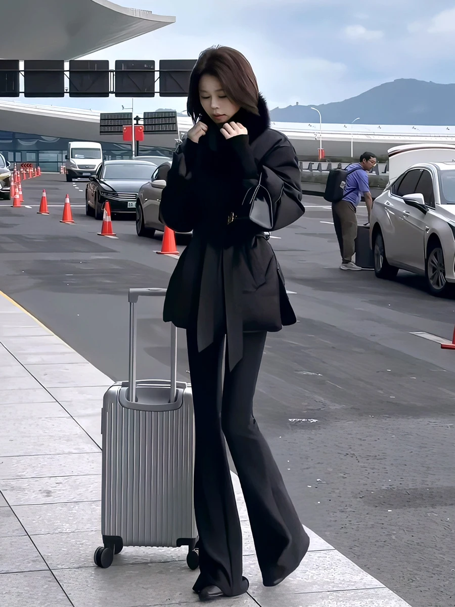 

Женское модное корейское пальто с эффектом похудения, простое хлопковое пальто с меховым воротником Bla, зимнее новое пальто с завязкой на талии