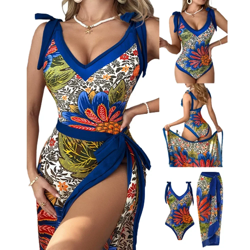 One Piece Swimsuit Women Push Up Floral Printed Bikinis Strappy Bandage Swimwear Brazilian Bathing Suit Swimming Suit for Women