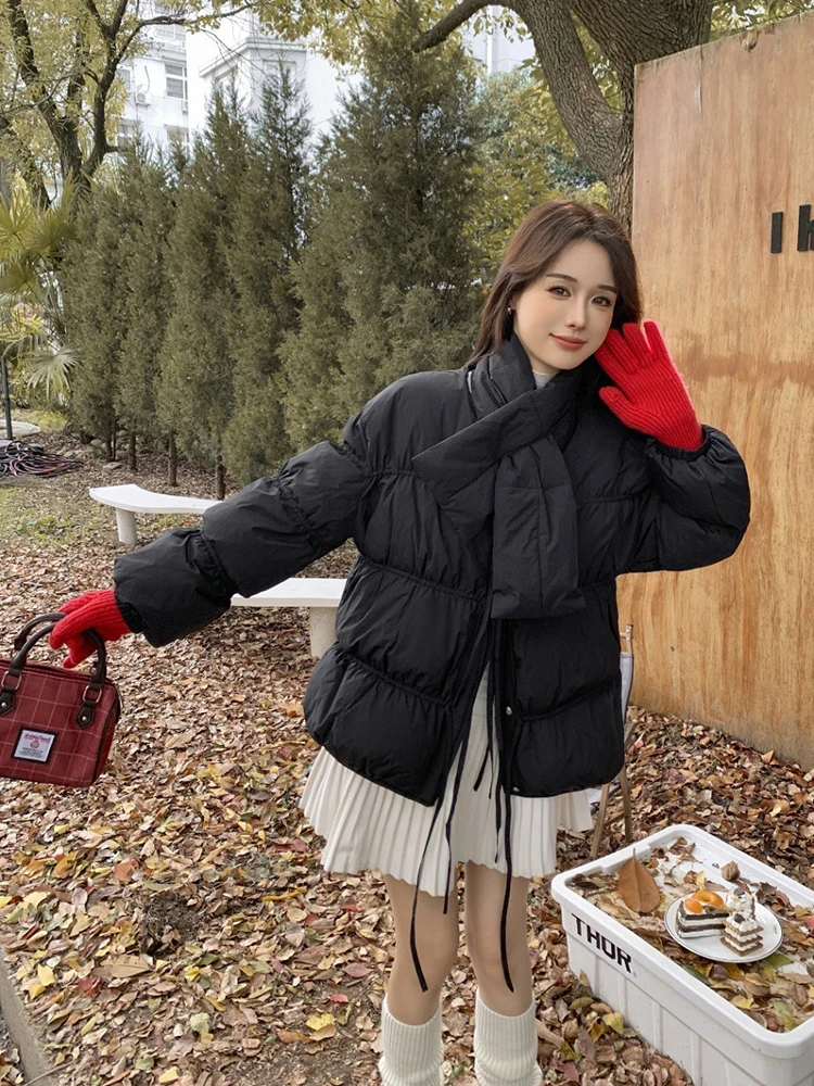 Winter Short with Scarf Lace Up Down Jacket Women White Duck Down Solid Drawstring Down Jacket Female Thick Warm Parker Outwears