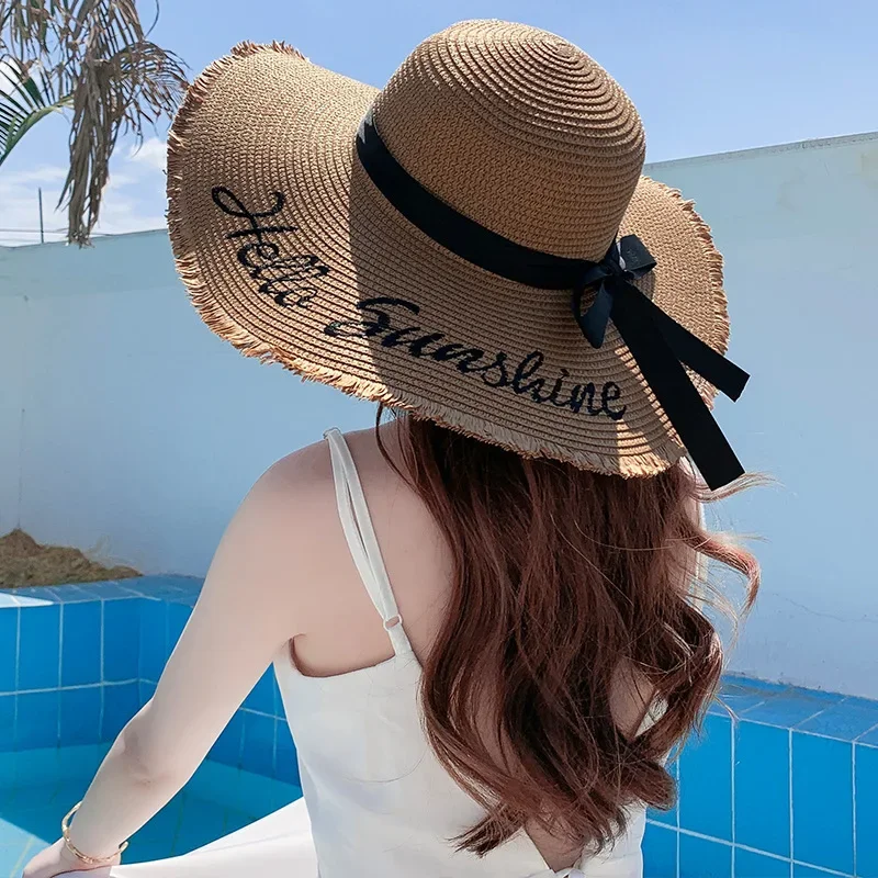 

Handmade Weave Letter Sun Hats for Women Black Ribbon Lace Up Large Brim Straw Hat Outdoor Beach Hat Summer Caps