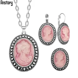 Oval 6 Colors Lady Queen Cameo Jewelry Set Necklace Earring Ring Antique Sliver Plated Vintage Jewelry For Woman