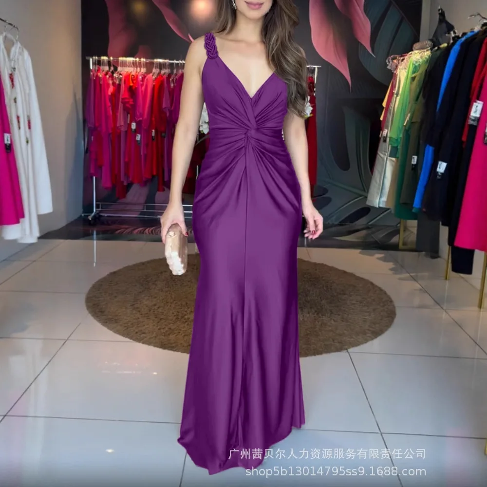 عميق الخامس الرقبة مضفر الأشرطة تويست الجبهة Cinched الخصر مساء فستان عادية زيبر الظهر حورية البحر هيم الساتان فستان ماكسي #3