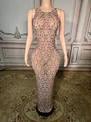 Sparkly Clubbing Rhinestone Drill Chain Bodysuits For Women Sexy Long Sleeve See Through Mesh Leotard Carnival Photography 2023