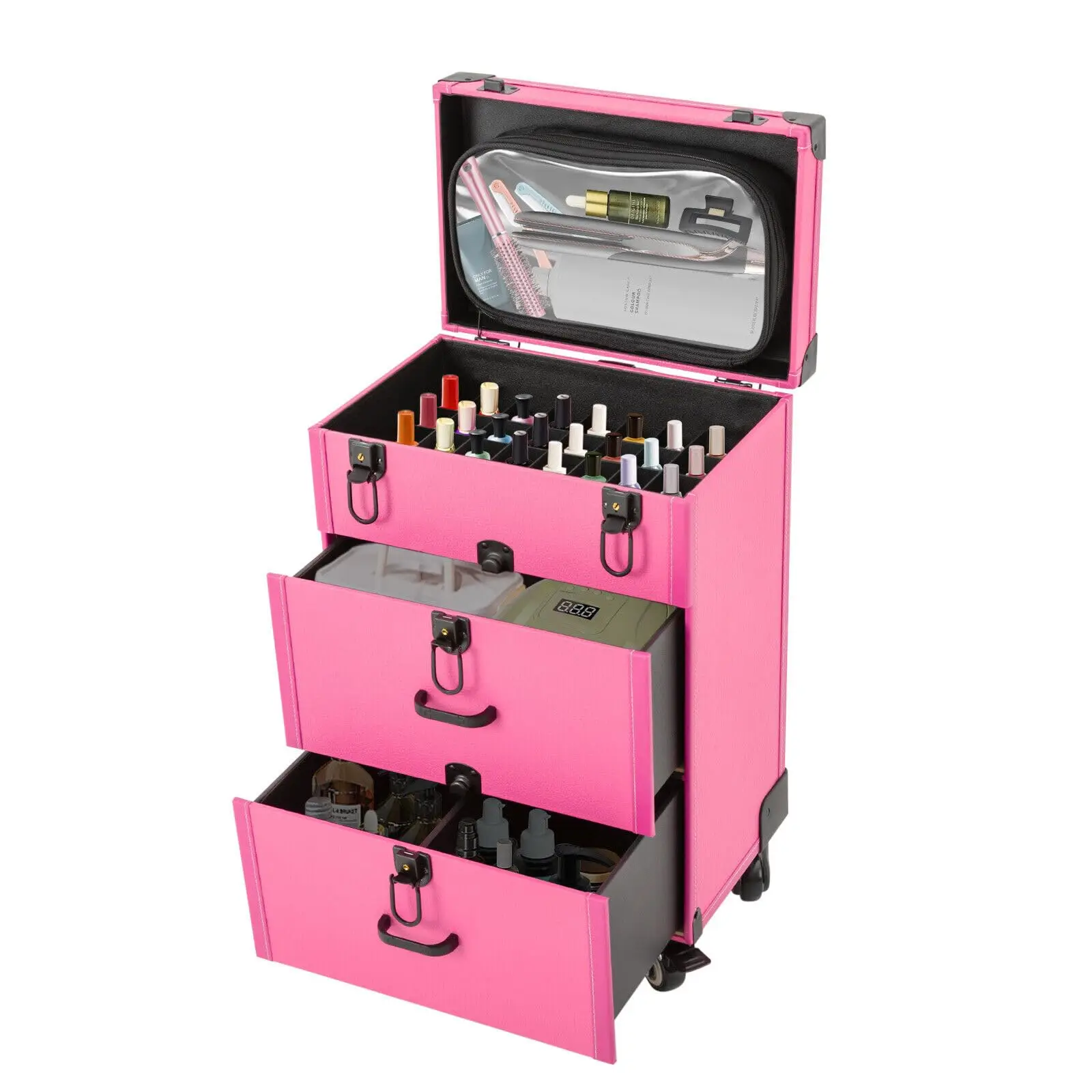 حقيبة مكياج دوارة، حقيبة مستحضرات تجميل على عجلات، عربة تخزين أظافر مكونة من 3 طبقات مع جيب تخزين شفاف، عربة تنظيم طلاء السفر