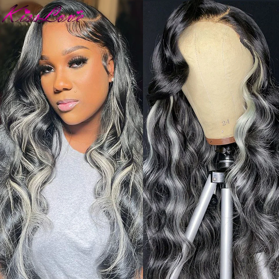 Silver Grey Highlight Human Hair Wigs For Black Women Ash Blonde Lace Frontal Wig Platinum Colored Body Wave HD Lace Front Wigs