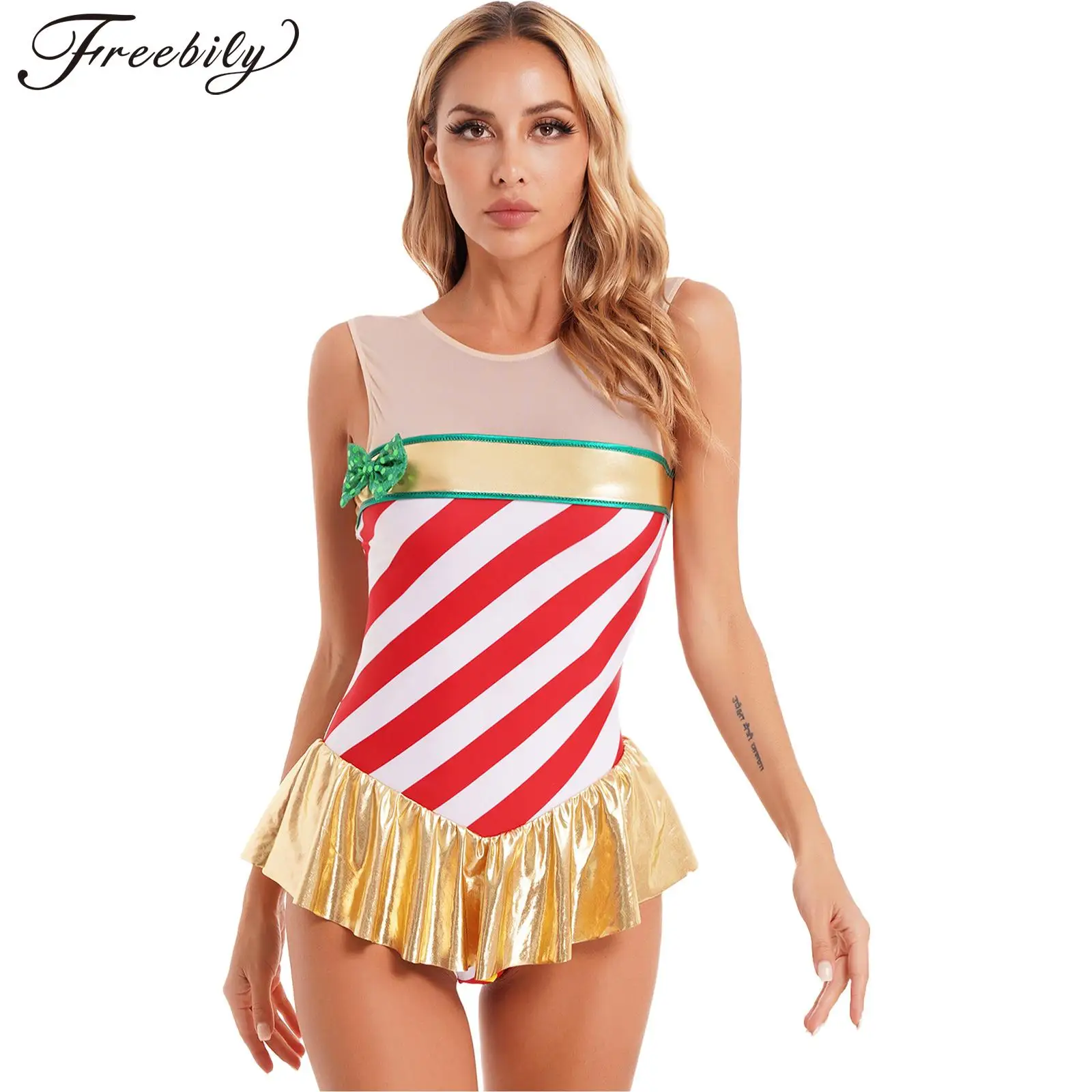 Women Candy Cane Christmas Costume Ballet Dance Leotard Cosplay Stage Performance Costume Carnival Holiday New Year Xmas Gift