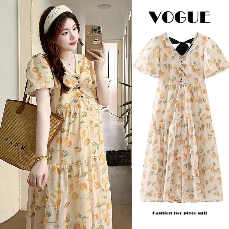 

Maternity Summer Dresses New Ladies Dresses Floral Long Dresses Maternity Fashion Set Foreign Fashionable Short-Sleeved Skirt