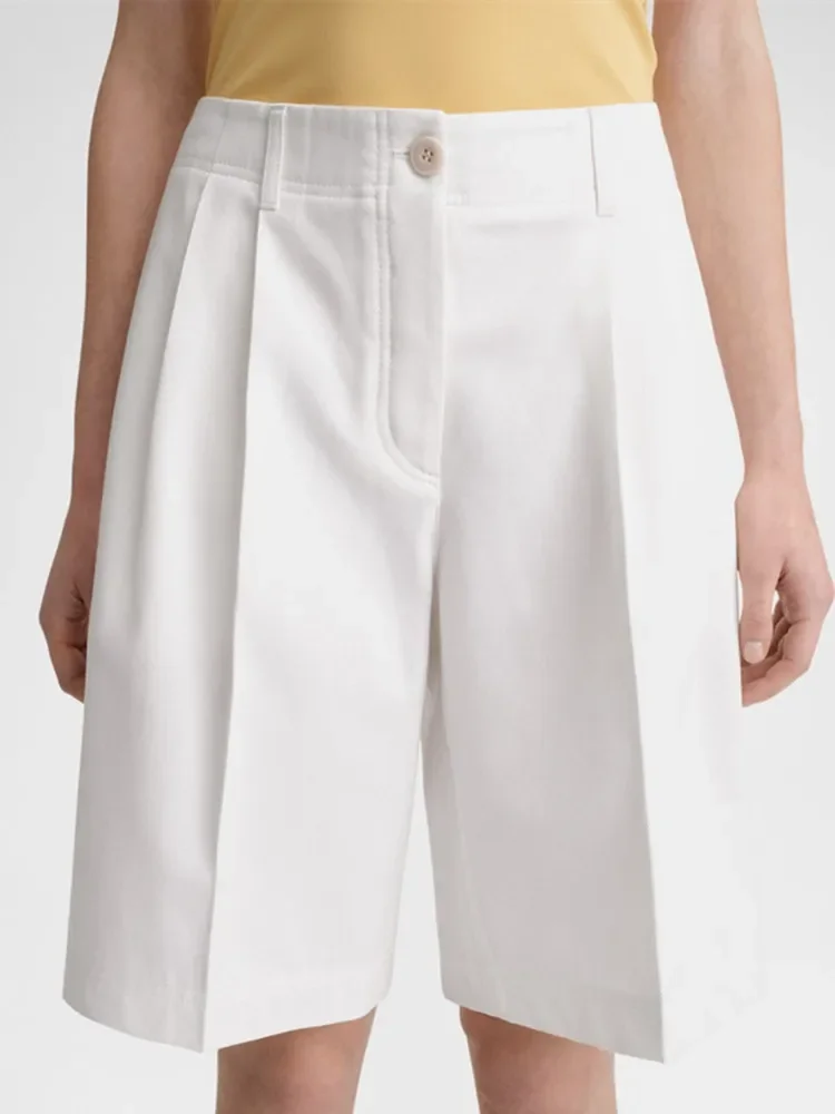 Women's Straight Pleated Shorts Cotton Casual Summer New Single Breasted Ladies White or Black Shorts