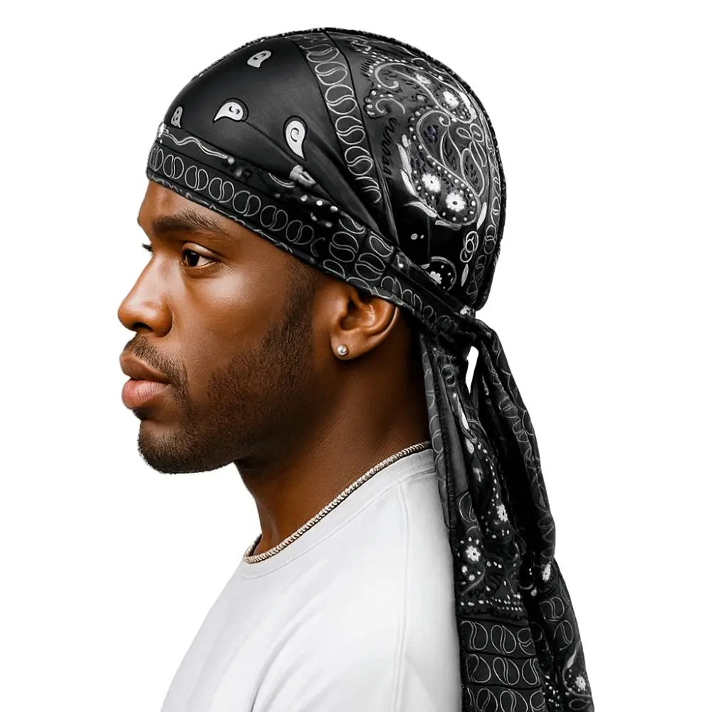 Fashion Amoeba Print Men's Headscarf Breathable Imitation Silk Long Tail Pirate Cap Wave Print Lightweight Cycling Hat Outdoor