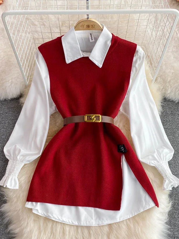 Korean Chic  Lapel Lantern Sleeves White Shirt +V-neck Knitted Vest Two-piece Set Clothes Women New Autumn 2024 B424