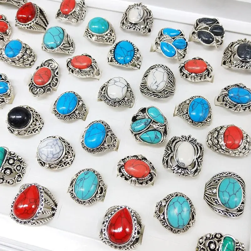 10pcs Colorful Natural Stone Rings Jewelry For Women Men Vintage Antique Silver Plated Rings Wholesale Jewelry Anillos