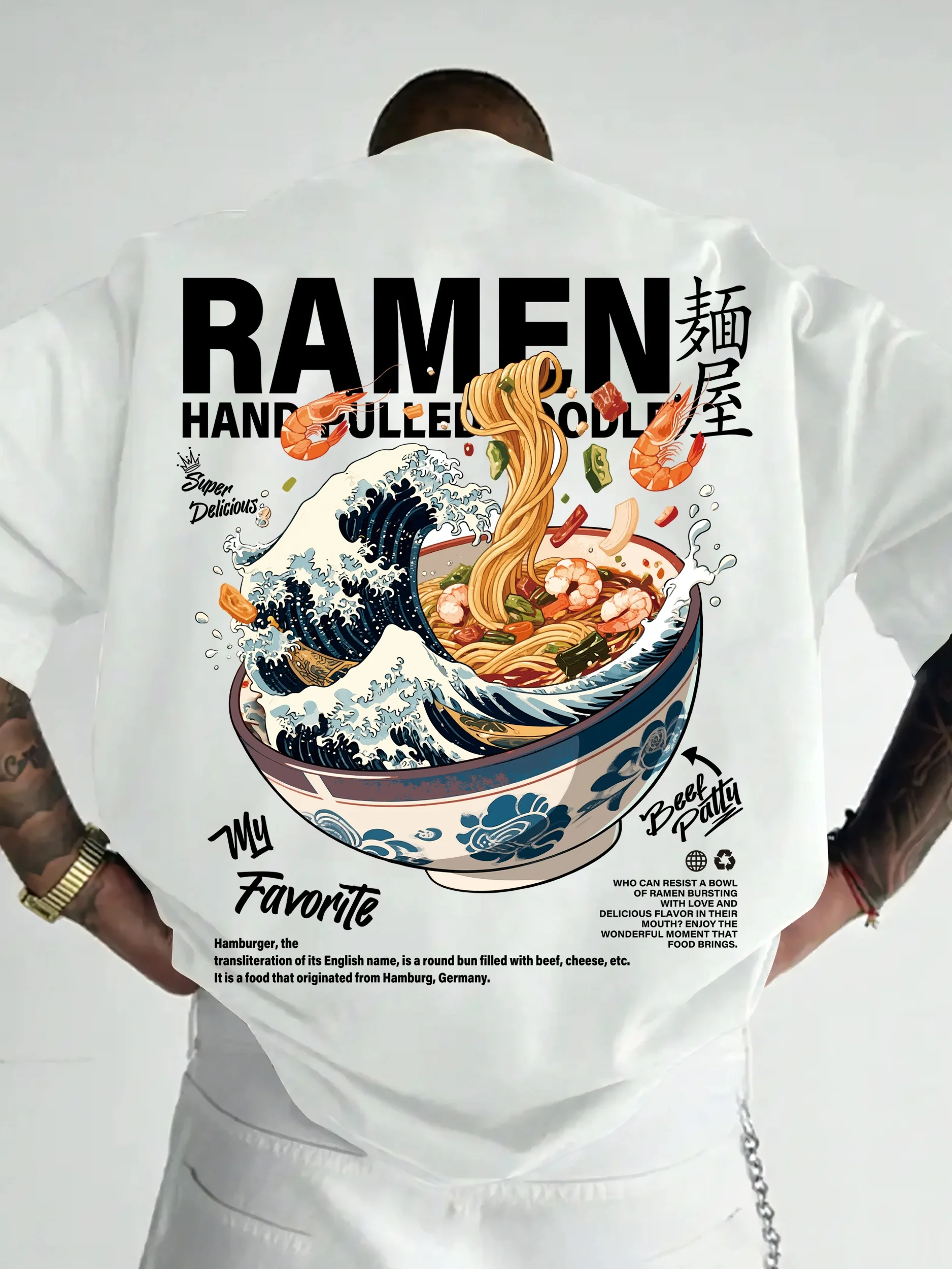 Camiseta Casual de Verano para Hombre, Estilo Urbano, con Estampado de Ondas Japonesas y Ramen, Apta para Uso Diario, 100% Algodón Puro, Material Suave