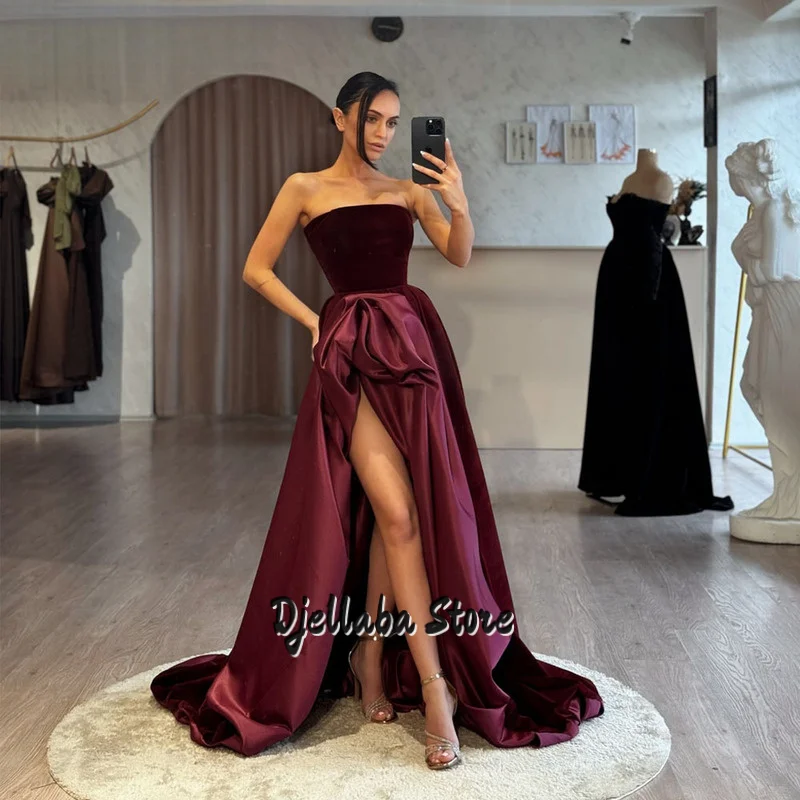 

Dark Red Strapless Sleeveless A-Line Side Slit High Quality Satin And Velvet Evening Dresses Sexy Style Women Prom Gowns