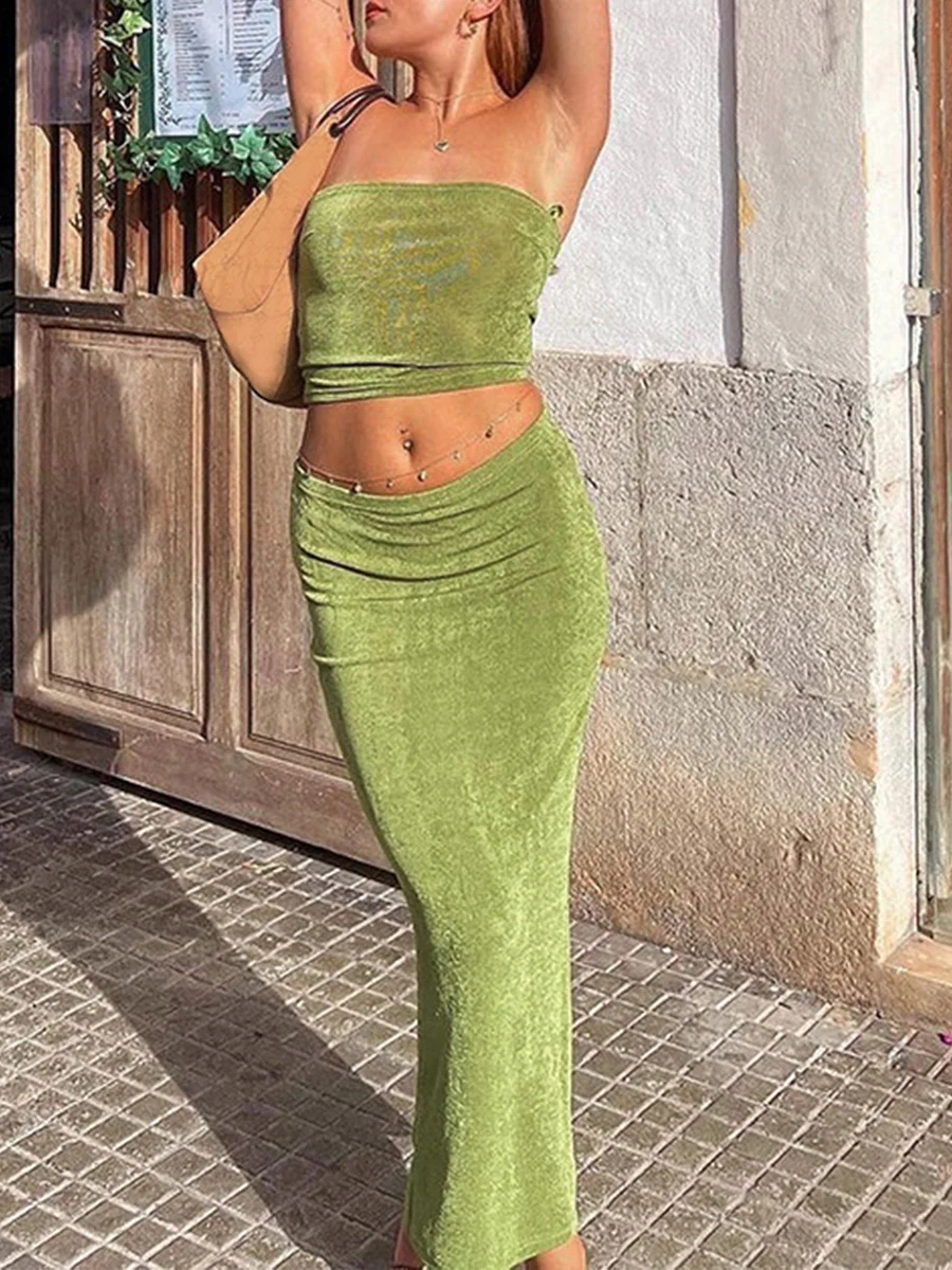 Women Summer 2 Pieces Outfits Solid Color Strapless Exposed Navel Wrap Chest Tube Tops and Wrapped Hip Long Skirts Matching Set