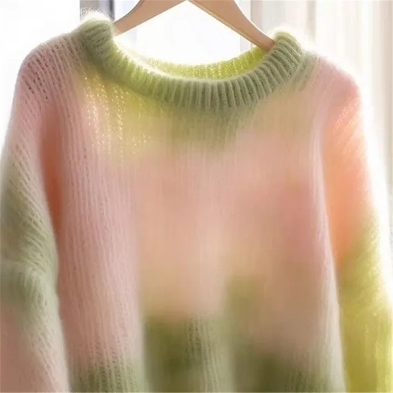 Green Gradient Wool Sweater Women Autumn New Contrasting Tie Dye Womens Knitted Pullover Lazy Loose Cashmere Knitwear