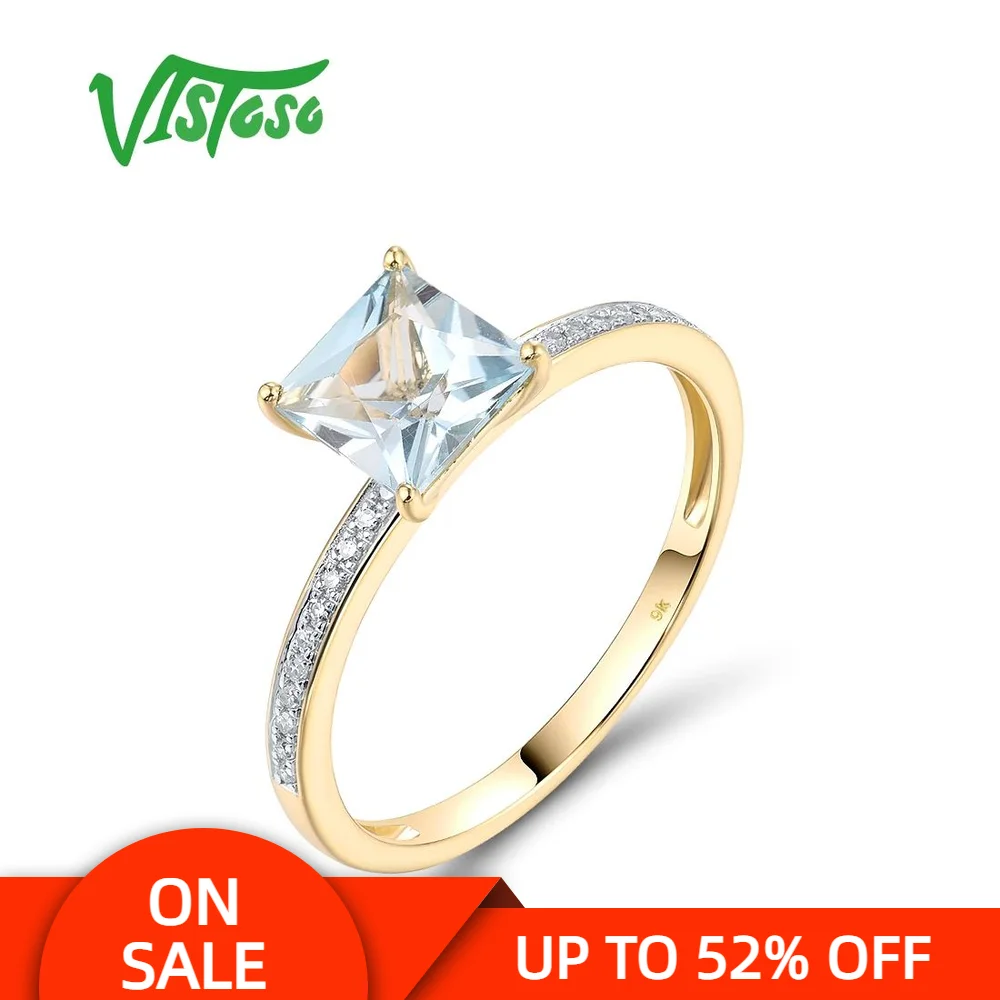 

VISTOSO Genuine 9K 375 Yellow Gold Ring For Women Sparkling Diamond Blue Topaz Minimalism Daily Wear Solitaire Fine Jewelry