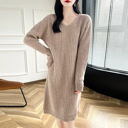 100% Wool Knitted V-neck Loose Dresses Hot Sale V-Neck Sweaters Women Soft Ladies Jumpers 2024 Winter Cashmeres Clothing