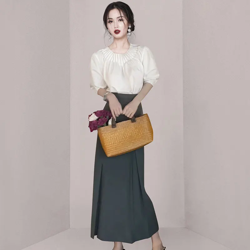 

Комплект из двух предметов с высокой талией и рукавами-фонариками: модный женский костюм в корейском стиле с плиссированной юбкой и топом