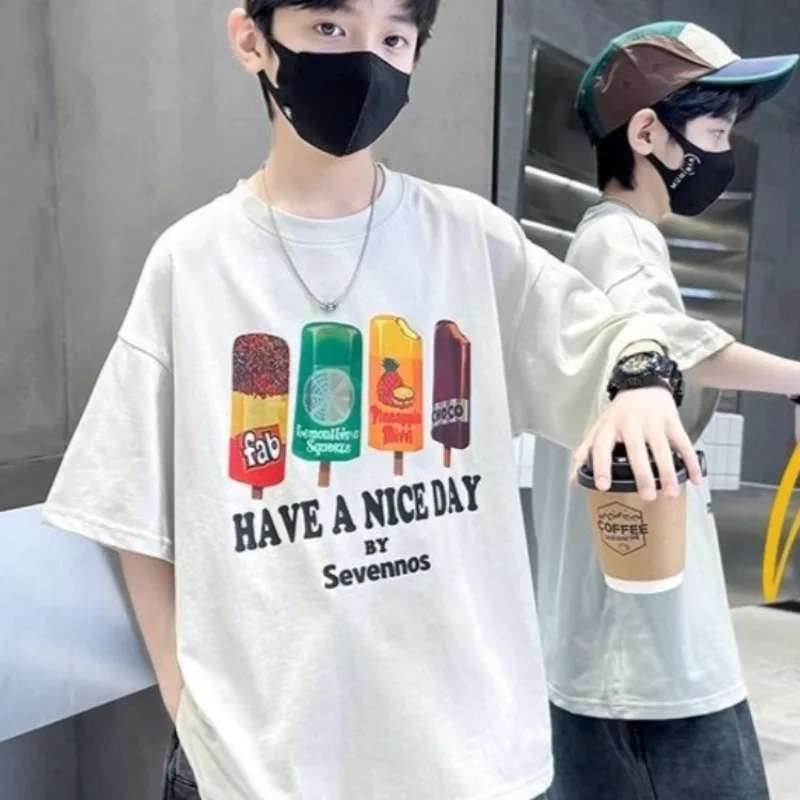 Black Short Sleeve T-Shirt for Kids Loose Lightweight Ice Cream Print Top for Tween Boys Girls Stylish Breathable Casual Wear