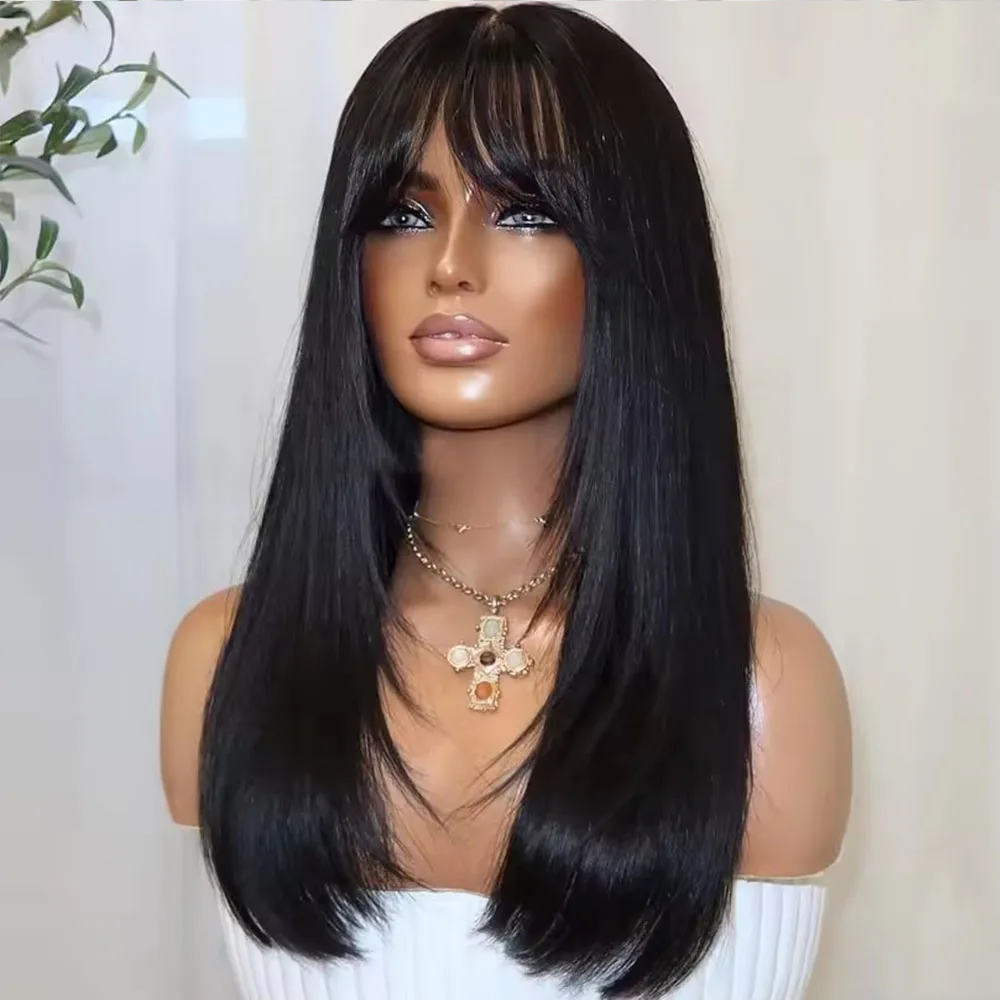 Knochenglatte Echthaarperücke 360 Frontal mit Pony, Klebefreie Perücken, Vollspitzenperücken für Frauen, Tiefschwarz, 5x5 Closure, Großhandel – Detail 2