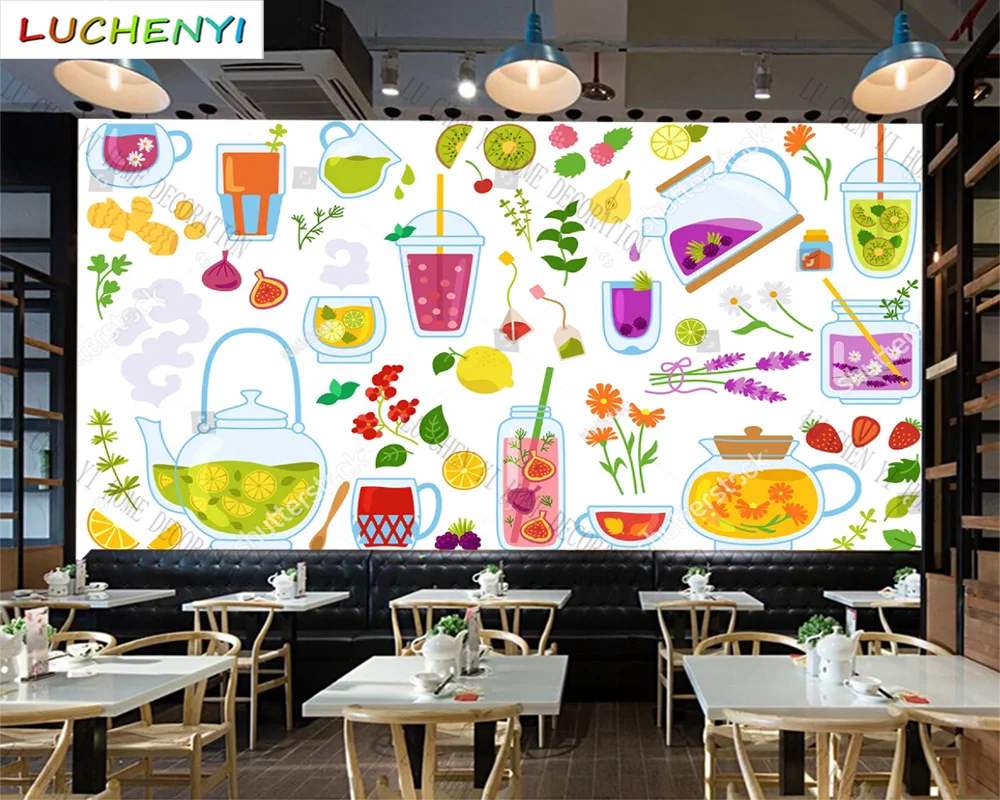 

Custom colorful fruit tea juice mural wallpaper restaurant healthy cold drinking shop dining room wall papers home decor sticker