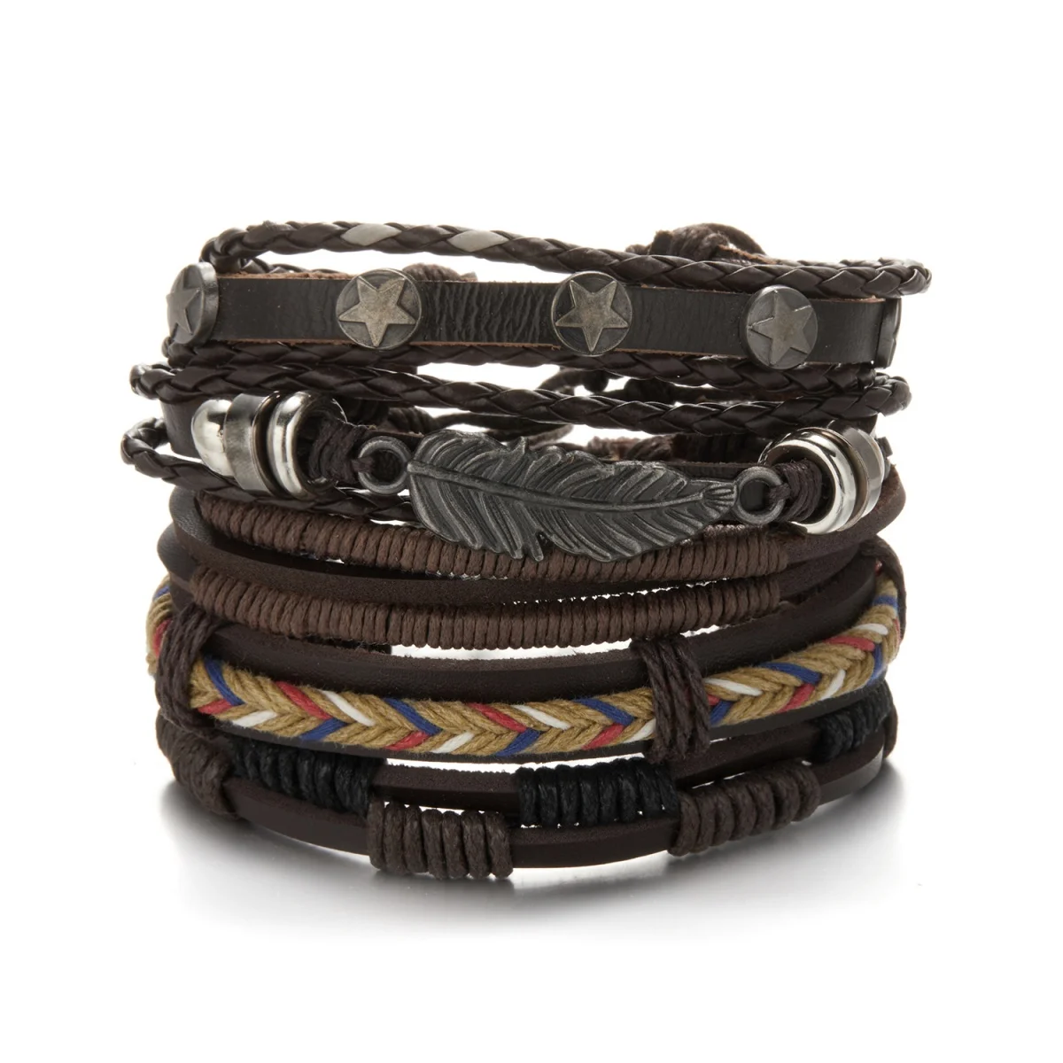 5 Teile/satz Vintage Stern Feder Leder Seil Armbänder Für Männer Frauen Gothic Punk Multilayer Stern Blatt Wrap Armreif Charme Schmuck
