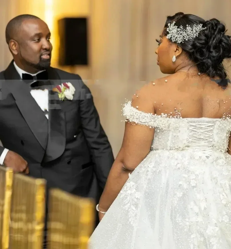 Customized Luxury Sexy Wedding Dresses  Bride Sheer Neck Lace Up Back Beading Sequins Pearls Plus Size Women Africa Bridal Gowns