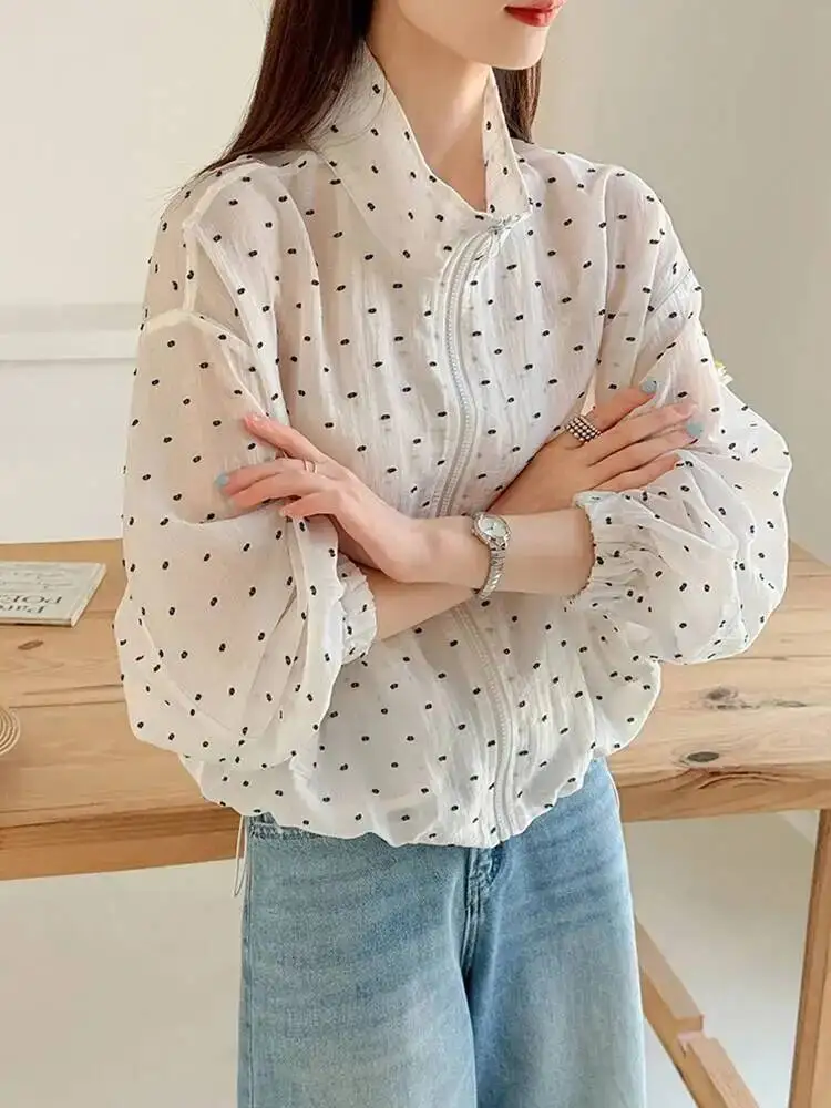 

Women White Dot Printed Thin Big Size Blouse New Stand Collar Long Sleeve Shirt Fashion Tide Spring Summer