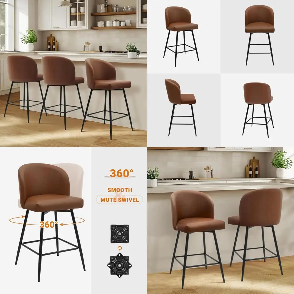 

Counter Height Bar Stools Set of 4, 360° Swivel Upholstered Barstools with Backs and Metal Legs, 26" H Seat Height, Faux Leather