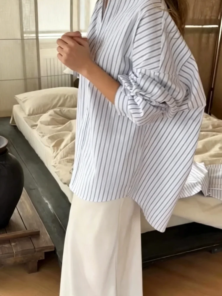 Neue Damenbluse mit Streifenmuster, Stehkragen und Gürtel, Übergroße Langarm-Bluse für Stilvolle Damen, Geeignet für Dates, Büro und Alltag – Detail 5