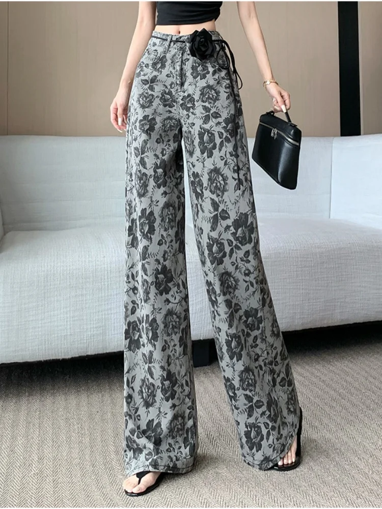 

Retro Wide Leg Pants Rose Blossom Waist Belt Design For Women New Street Style Loose Casual Printing Floor Length Pants