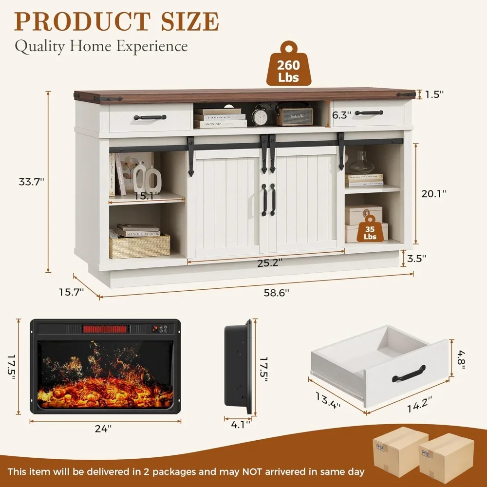 

59'' Fireplace TV Stand w/3D Flame Electric Fireplace Heater, 34'' Tall TVs Stand, Center TV Console & 2 Drawers, Sliding Door