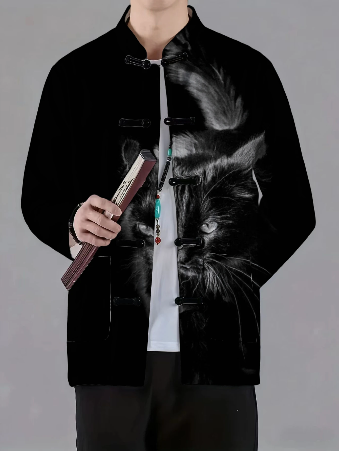 Men Men Mandarin Collar Frog Button Jacket Cat Skull Crow Feather Rose Art Print Traditional Outerwear - Aliexpress Deal