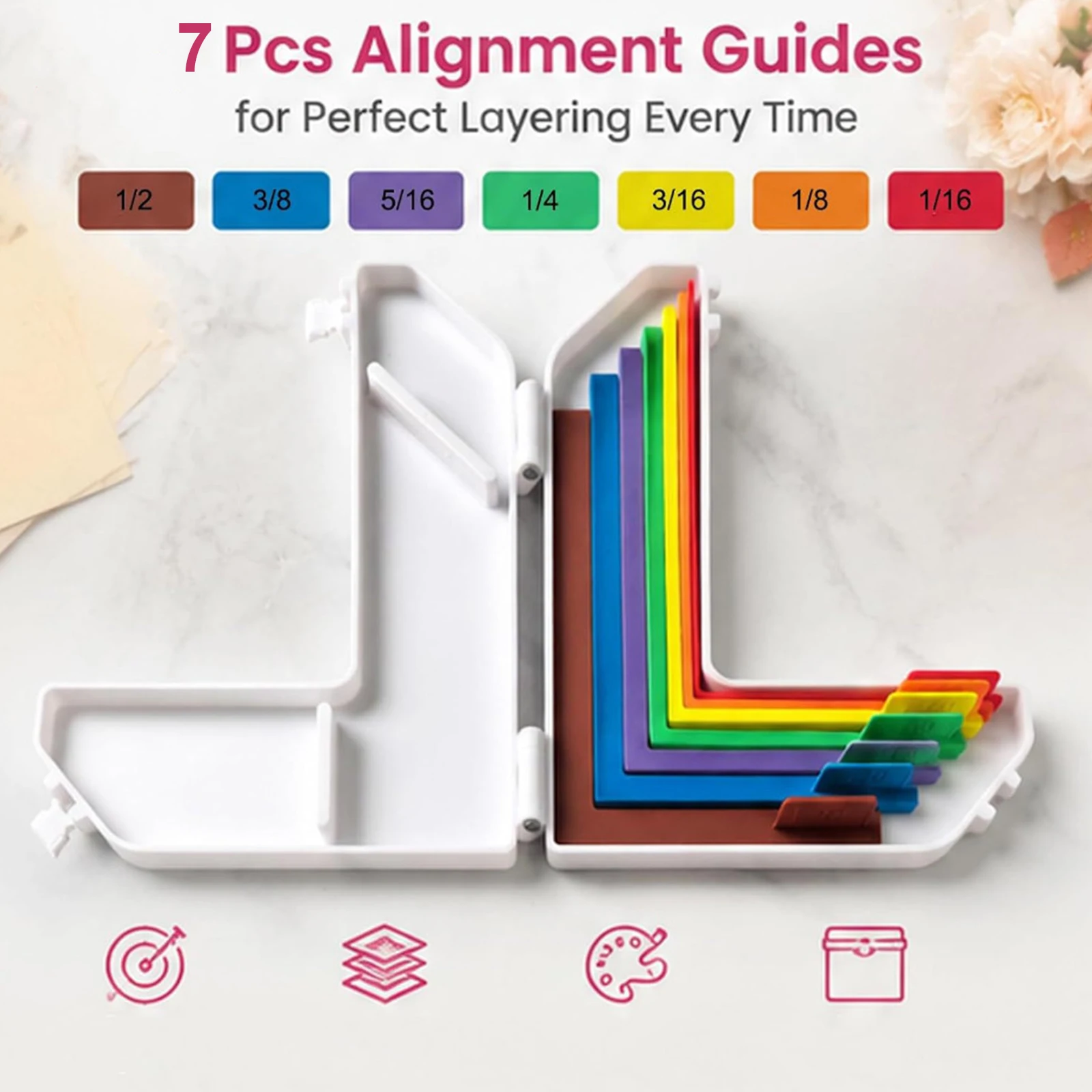 Paper Crafting Alignment Guide With Storage Box 7 Edge Precision Layering & Matting Spacers Color Coded Card Making Scrapbooking