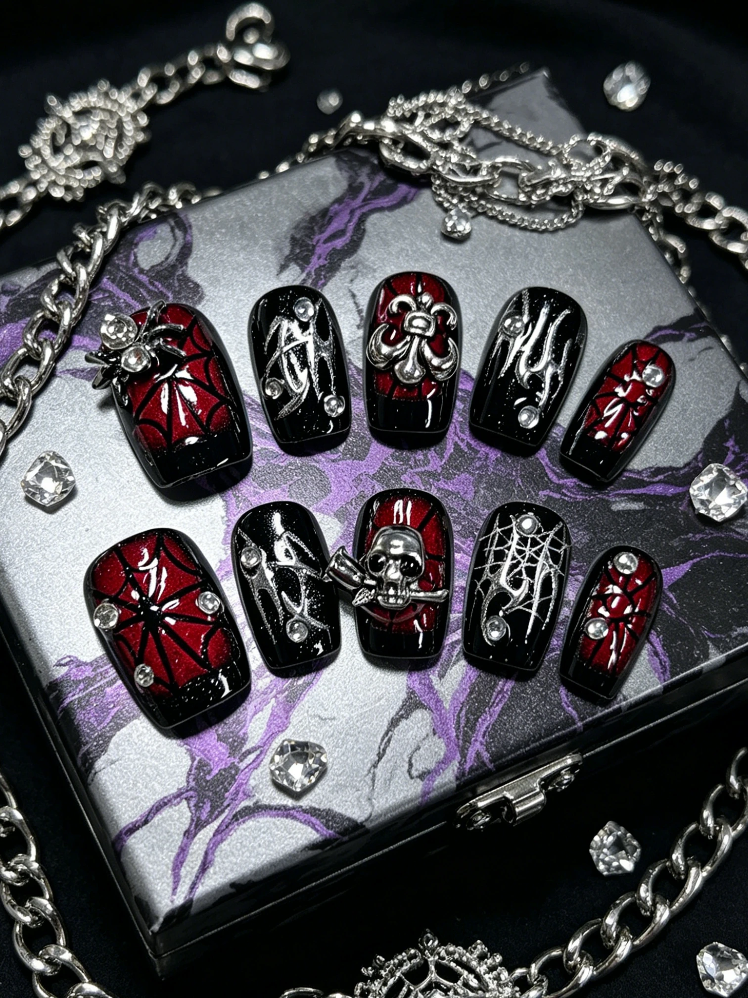10 Short Square Nails, with Black and Red as the Main Colors, Decorated with Metal Accessories Like Crosses and Spiders, Y2K Gothic Style Press-On Nails, Suitable for Barbing, Music Festivals, Daily Outings, and for Those Who Love Niche and Unique Fashion Styles. Nail Tips for Fashion Enthusiasts, Includes One Jelly Glue and One Nail File