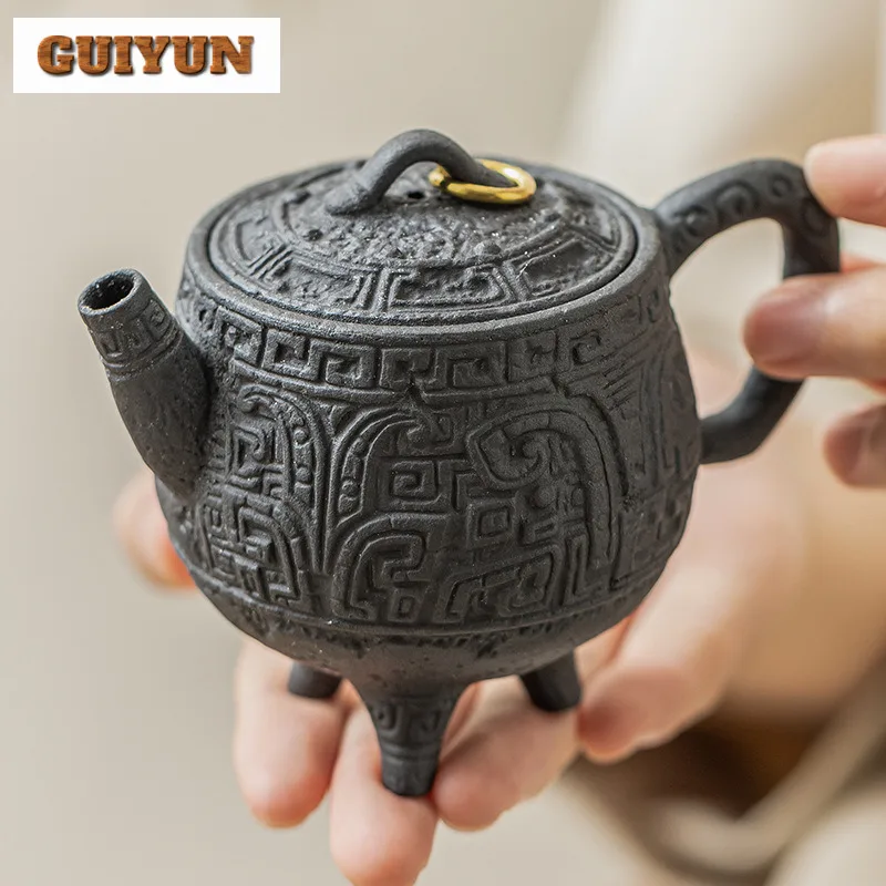 

80ml Handmade Black Gold Three Legged Teapot Zen Old Clay Hand-grasp Pot With Gift Box Retro Pot Tea Brewing Kettle Teaware Gift