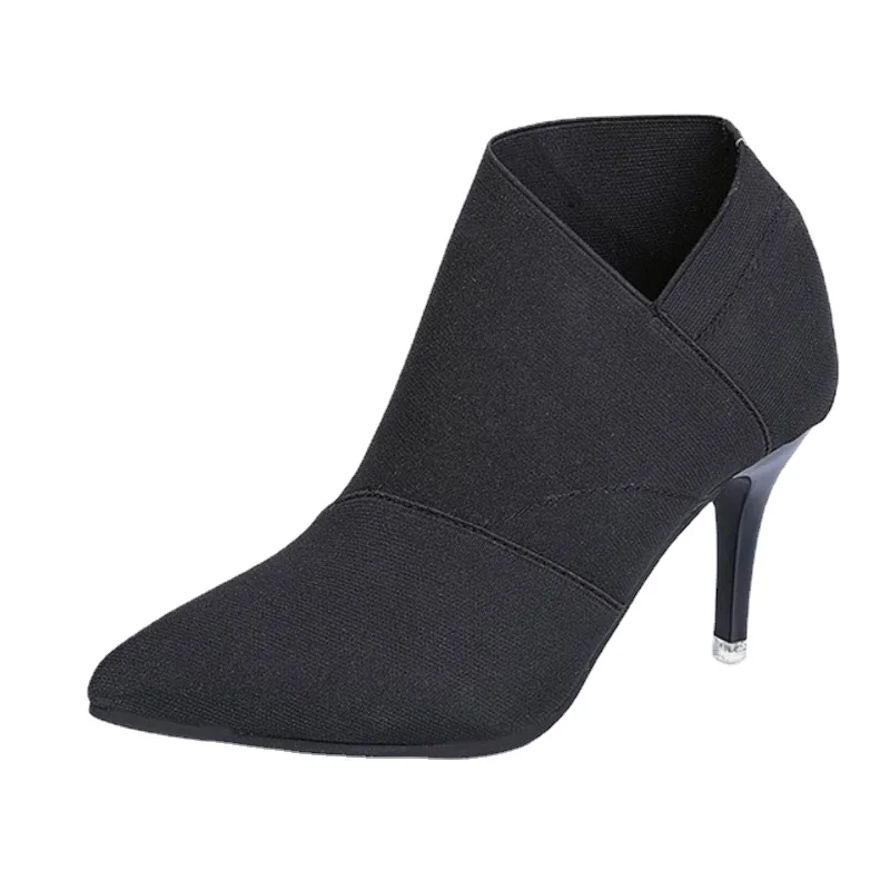 2024 Grey Fashion Women High Heel Booties Female High-Heeled Boots Young Ladies Booties 8.5cm Heel Cloth Boots Large Size 34-41