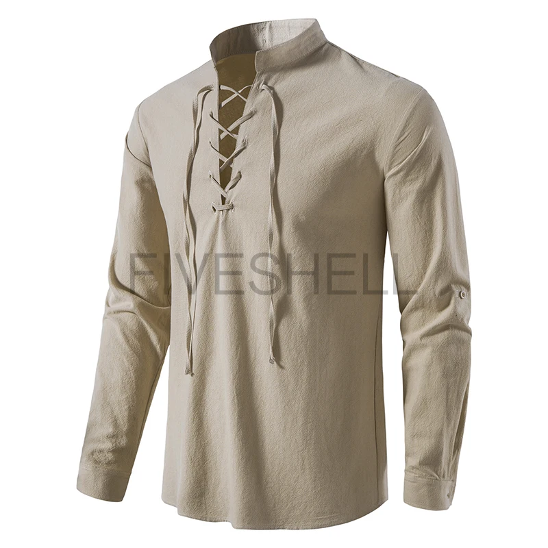 2023 New Men\'s Casual Blouse Cotton Linen Shirt Tops Long Sleeve Tee Shirt Spring Autumn Medieval Vintage Viking Punk Costumes